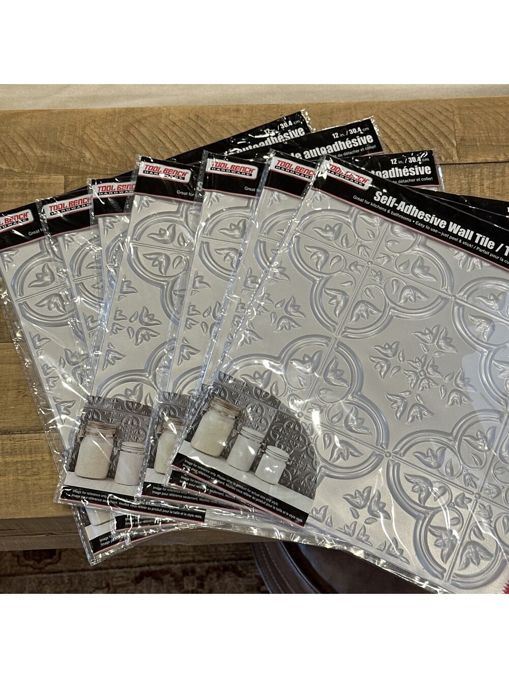 LOT: 7 New Tool Bench Hardware 12x12 Self-Adhesive Wall Tiles Gray Faux Tin Look